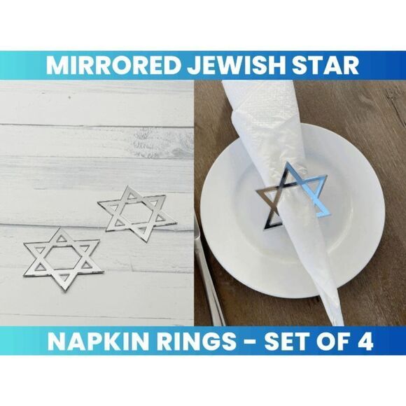Silver Mirrored Jewish Star Napkin Rings - Picture 1 of 3